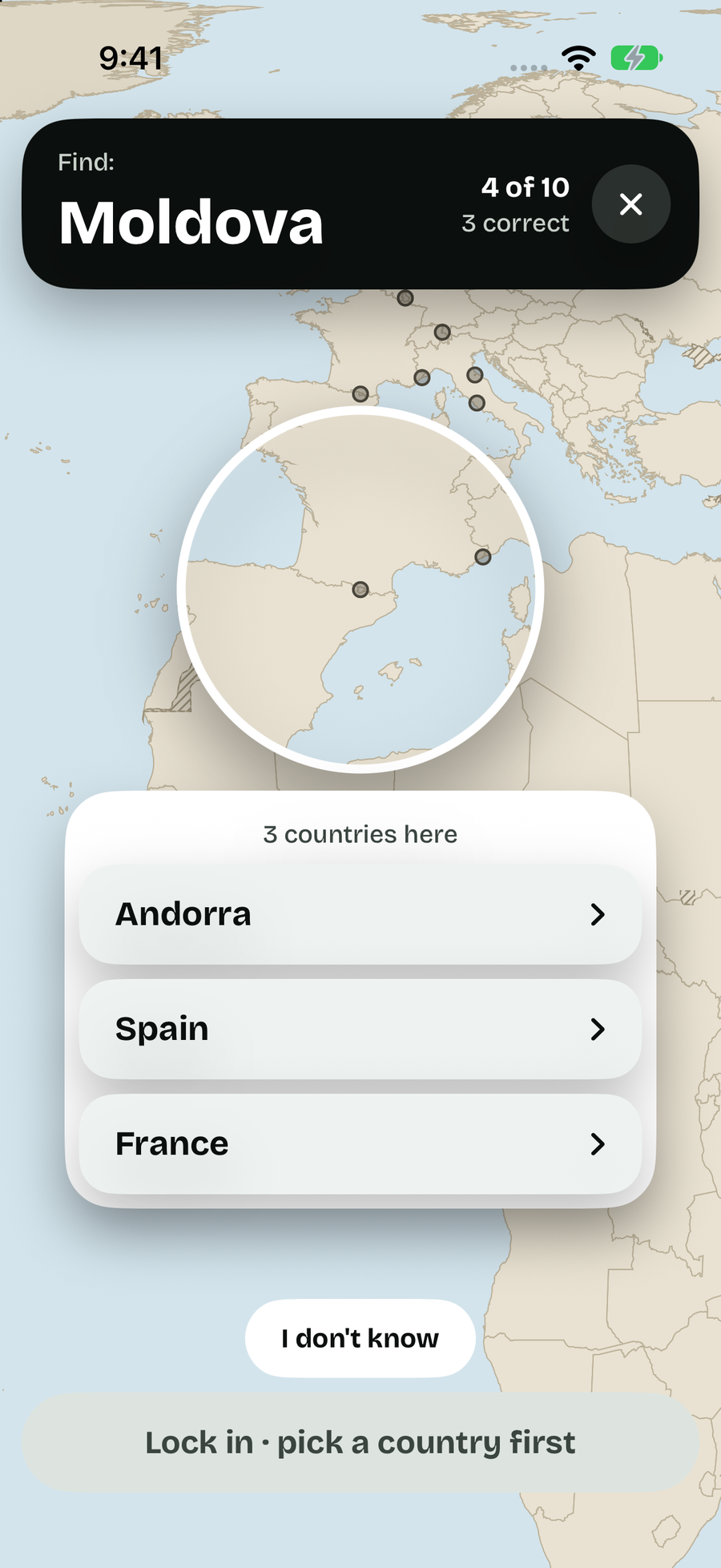 Loupe listing Andorra, Spain and France as large buttons